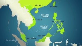 Karte des süd-chinesischen Meeres, mit den Anrainerstaaten.