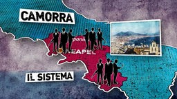 Grafik: Ausschnitt einer Karte auf der die Region Neapel farblich markiert ist, plus einem Schriftzug 'Camorra'.