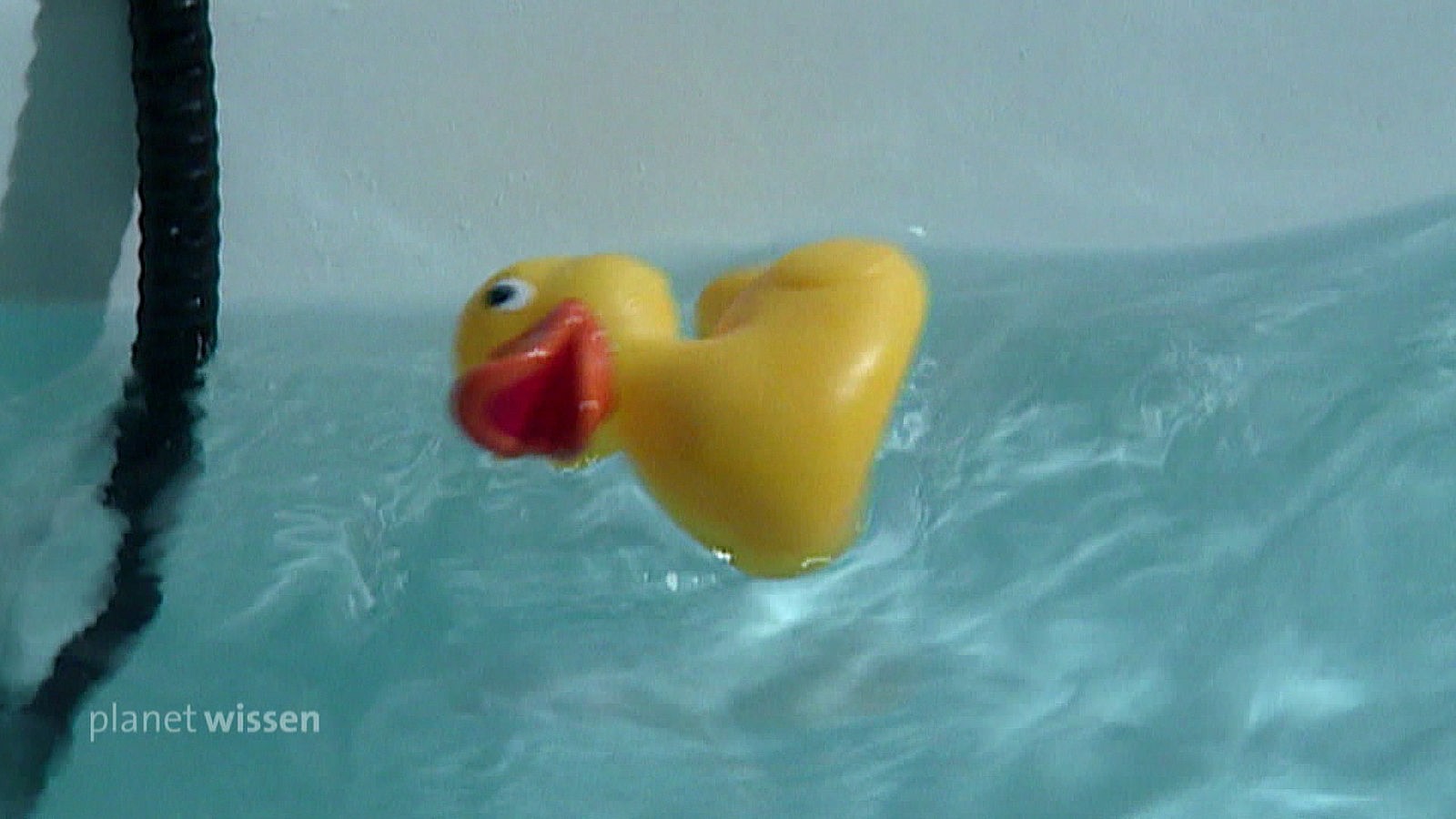 Eine gelbe Plastikenten liegt im Wasser einer Badewanne.