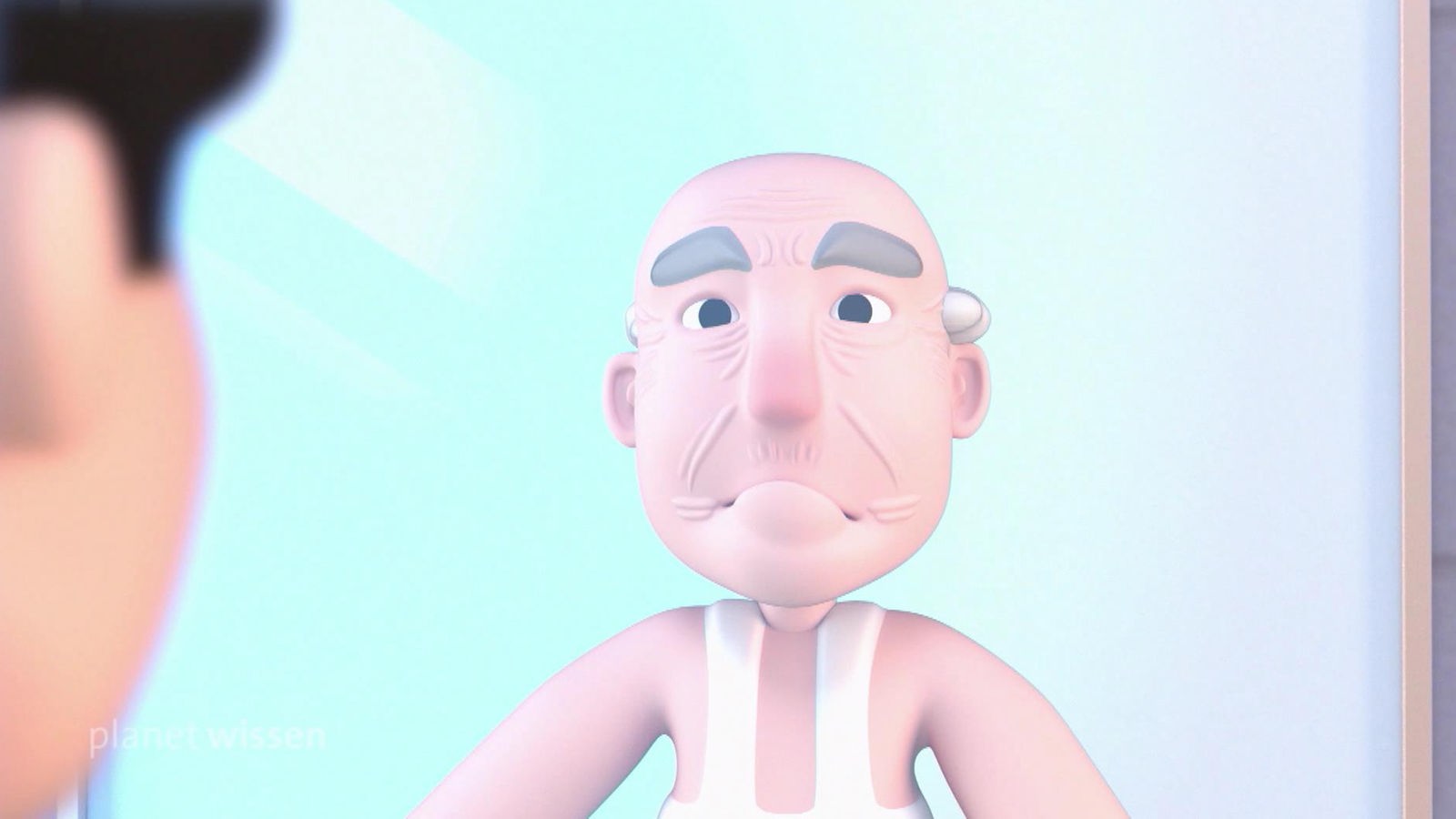 Animationsgrafik: Ein schwarzhaariger Mann steht vor einem Spiegel, in dem sich sein Ego als alter Mann zeigt.