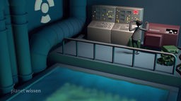 Grafikanimation: Ein Mitarbeiter in einem Kernkraftwerk steht an einem Schaltpult, neben ihm steht ein Notstromaggregat.