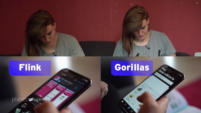 Geteiltes Bild auf dem zweimal nebeneinander eine junge Frau mit Handy zu sehen ist. Darunter ist das Handy in Großaufnahme zu sehen mit links dem Schriftzug 'Flink' und rechts 'Gorillas'.
