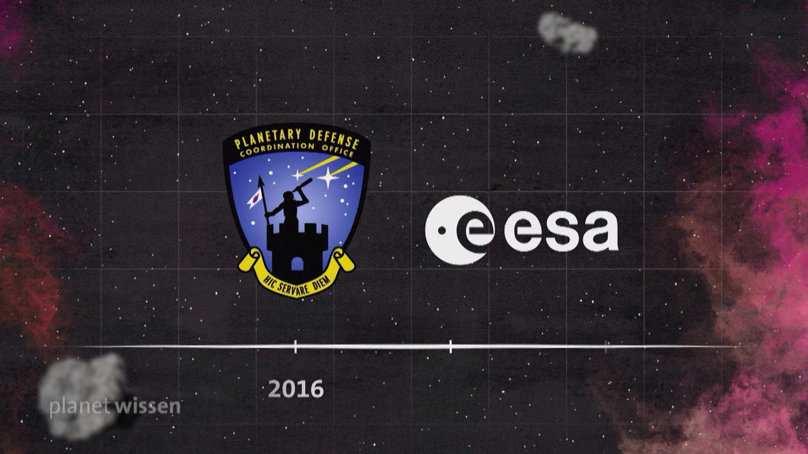 Grafik: Logo des 'Planetary Defense Office' und der 'ESA' vor einem Sternenhimmel.