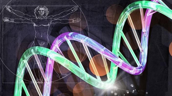 Grafik: Eine bunte DNA-Doppelhelix vor dunklem Hintergrund.