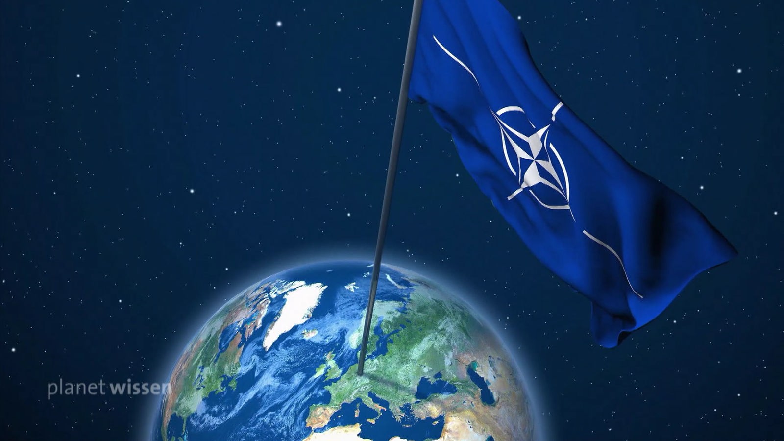 Grafik: Die Weltkugel im Weltraum. Zu sehen ist eine riesige Natoflagge, die in Mitteleuropa aufgestellt ist.