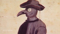 Historische Zeichnung eines Pestarztes mit Schnabelmaske.