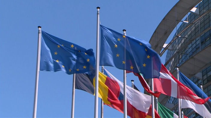 Fahnenmast mit zwei EU-Flaggen, vor den Flaggen einiger EU-Staaten.