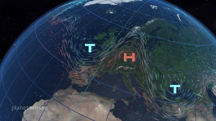 Grafik der nördlichen Weltkugel im All. Eingezeichnet ist ein Hochdruckgebiet zwischen zwei Tiefdruckgebieten über Mitteleuropa.