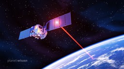 Grafische Darstellung: Ein Satellit im Weltraum wird von einem rötlichen Laserstrahl getroffen.