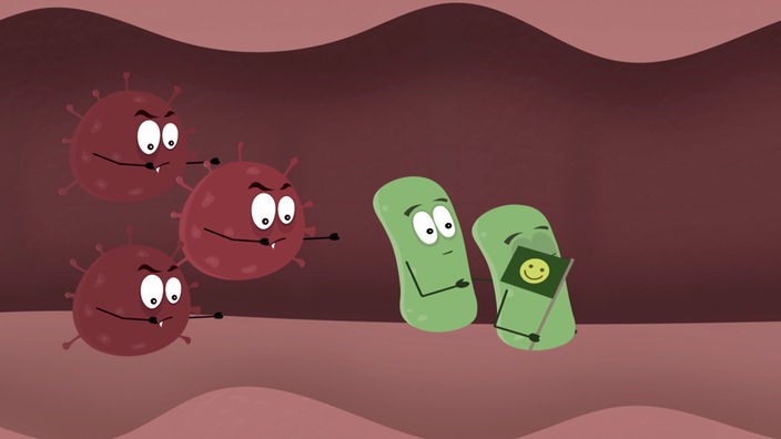 Zeichnung: Rote und grüne Bakterien als Zeichentrickfiguren in einem Blutgefäß.