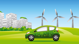 Grünes Auto vor Windrädern und Hochhäusern mit begrünten Dächern