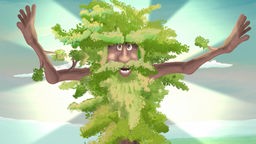 Zeichnung: Ein Baum mit strahlendem Gesicht und ausgebreiteten 'Astarmen' mit Strahlenkranz.