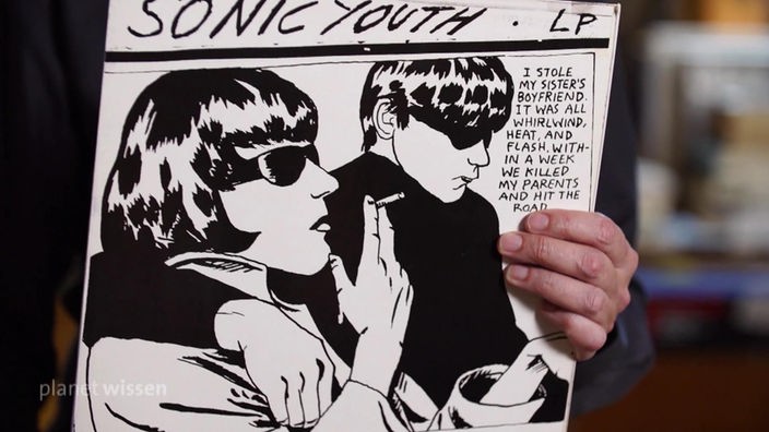 Platten-Cover von Sonic Youth 'Goo', mit der Schwarzweißzeichnung eines Pärchens mit Sonnenbrillen.