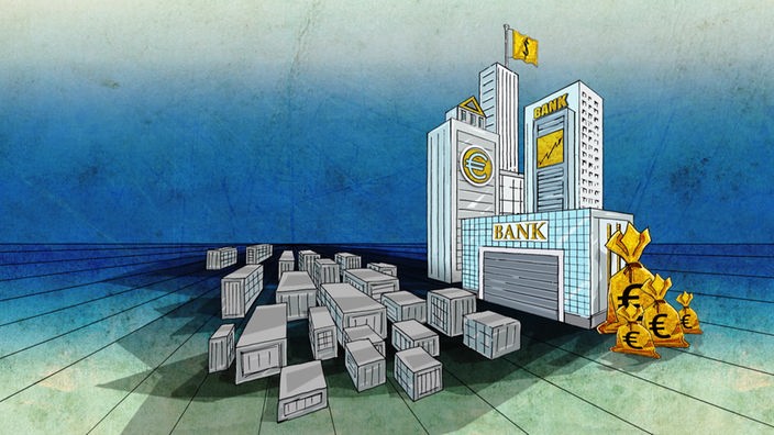 Zeichnung: Verschiedene Bankgebäude mit großen Geldsäcken und kleinen grauen Gebäuden daneben.