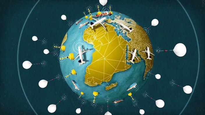 Grafik: Auf einer Weltkugel befinden sich Flugzeuge, Wetterbojen und Wetterballons.