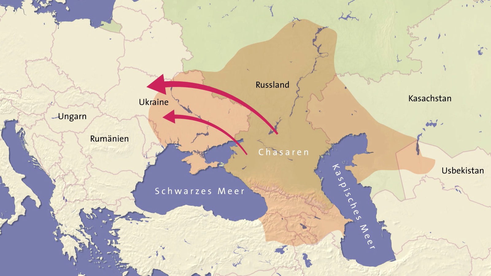 Karte auf der Südosteuropa bis Südwestasien zu sehen ist. Über dem Schwarzen Meer weisen zwei rote Pfeile gen Westen.