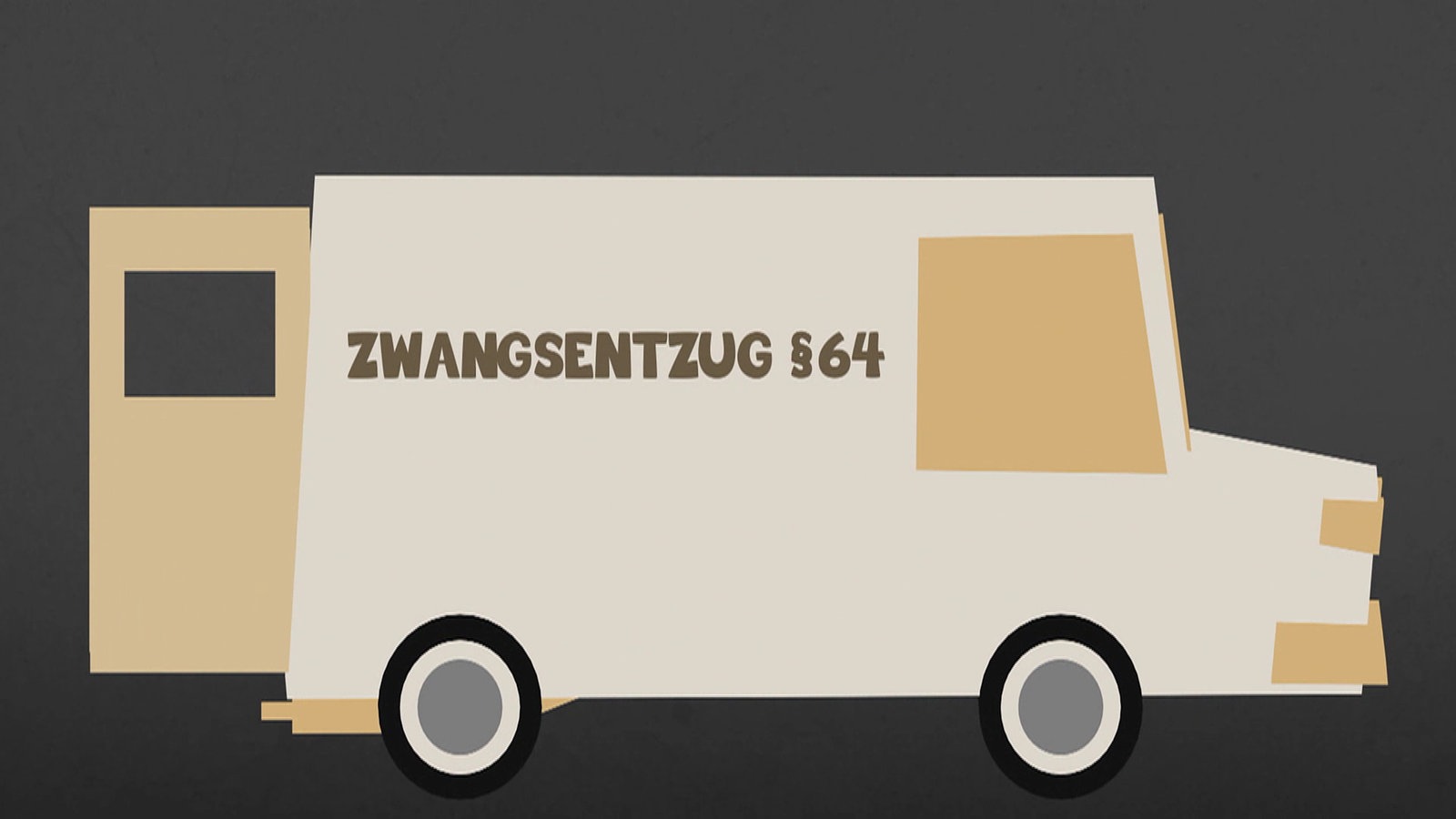 Grafik eines Krankenwagens mit der Aufschrift 'Zwangsentzug § 64'.