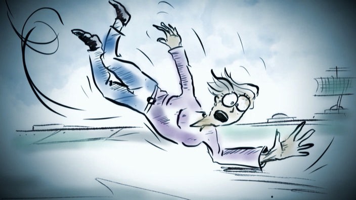 Zeichnung: Eine Frau stürzt schreiend durch die Luft.
