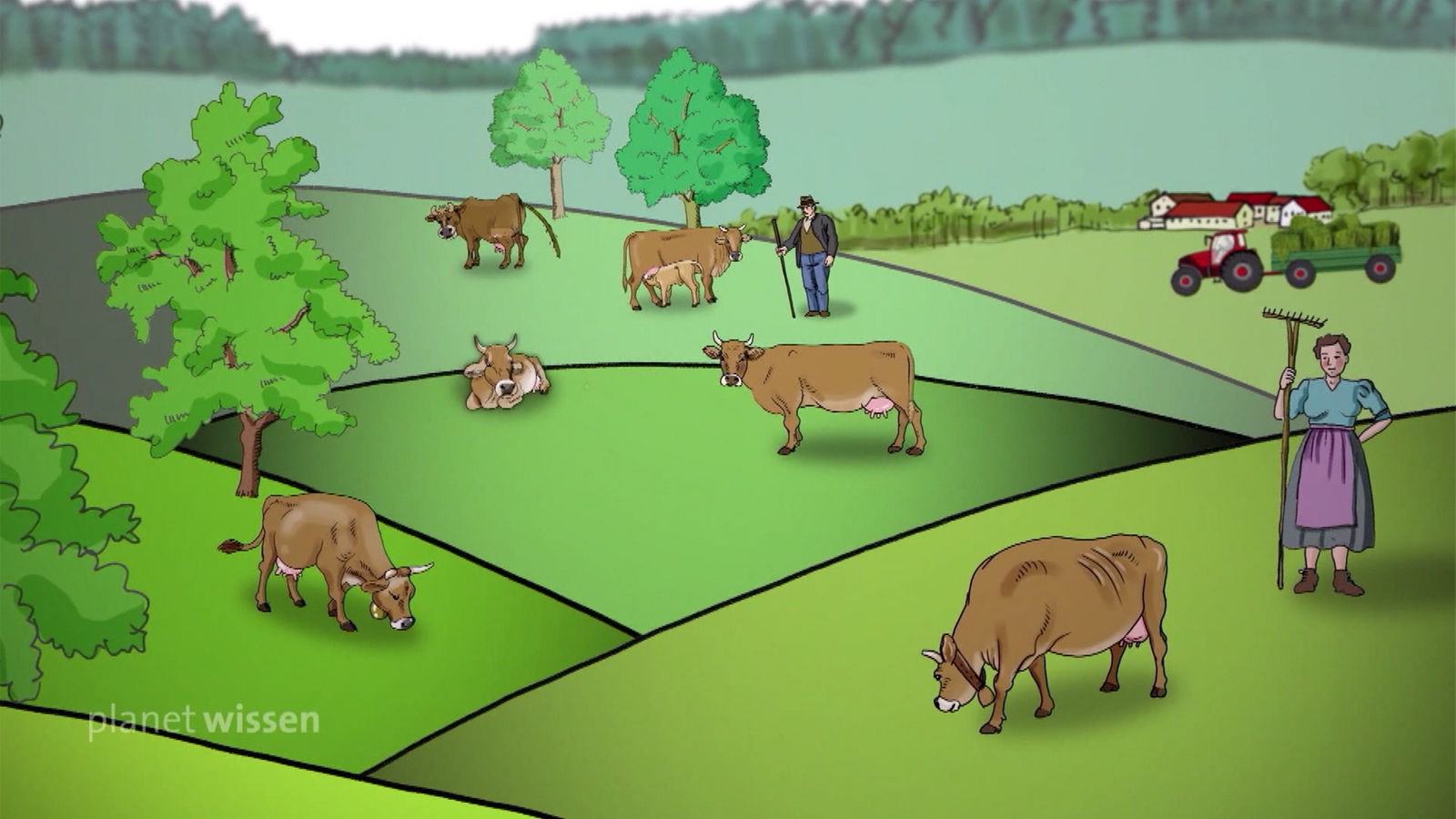 Zeichnung: Hügelige Landschaft mit Kühen auf der Wiede und einer Landwirtin und einem Landwirt.