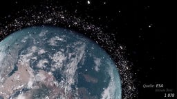 Grafik: Blick auf die Erde aus dem All. Im Orbit sind Tausender kleiner Satelliten zu erkennen.