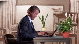 Im Hintergrund die Zeichnung eines Zimmers. Davor sitzt ein Mann im Anzug am Laptop inklusive zwei Zimmerpflanzen.