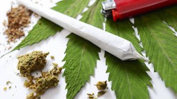 Ein fertig gedrehter Joint liegt zusammen mit Marihuana und einem Feuerzeug auf einem Hanfblatt.