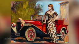 Ein vermeintliches Gemälde einer Dama in langem Kleid vor einem roten Auto aus den 1930er Jahren.