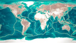 Eine Weltkarte auf der die bekannten Plattengrenzen eingezeichnet sind.