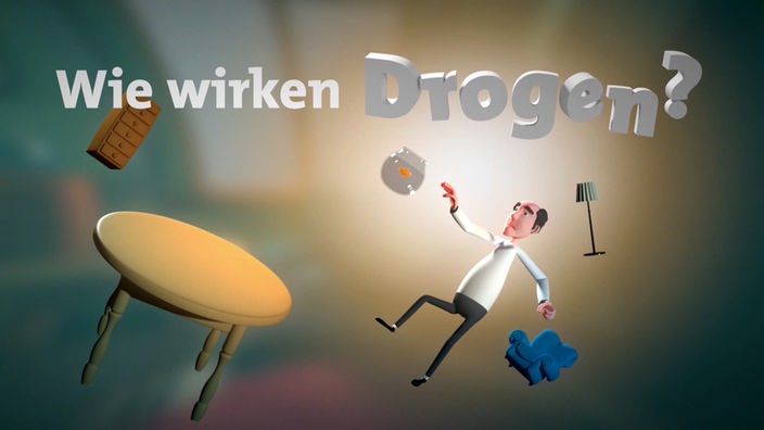 Grafik: Ein Tisch, Sessel, Aquarium, Stehlampe und ein Mann schweben unter der Schrift 'Wie wirken Drogen?'.