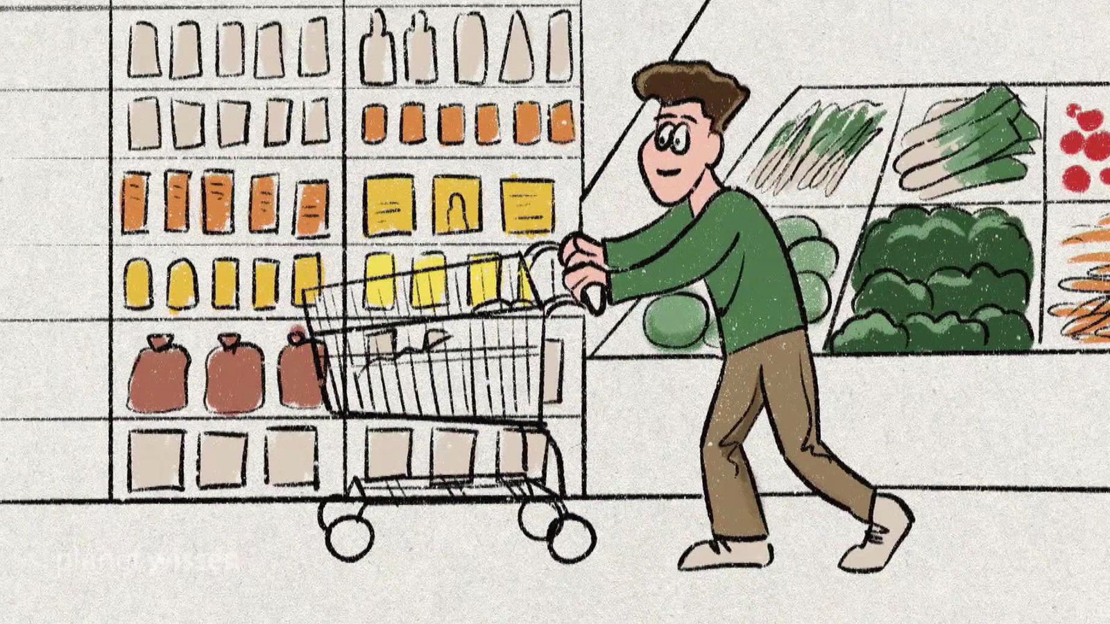 Ein gezeichnetes Männchen im Supermarkt