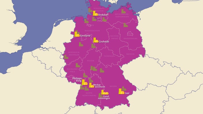 Kartenansicht Deutschlands von aktiven Atomkraftwerken. | Bildquelle: swr Kartenansicht Deutschlands von aktiven Atomkraftwerken.