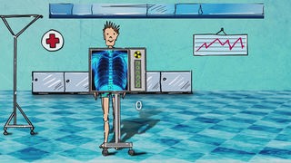 Gezeichnete Grafik eines Menschen bei einer Röntgenaufnahme.