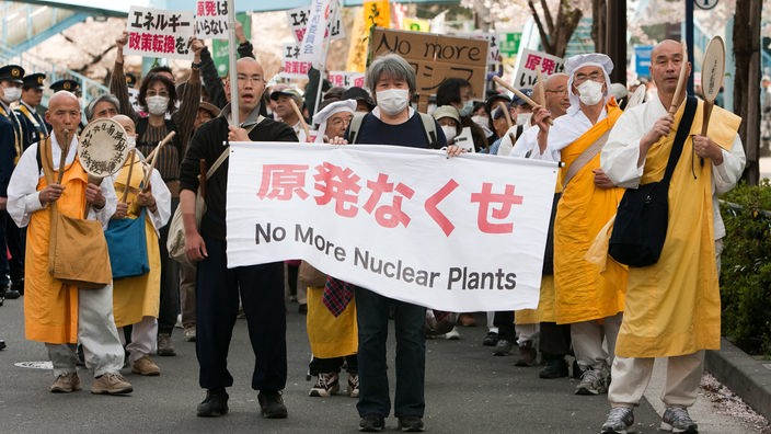 Demonstranten protestieren mit Transparenten gegen Atomkraftwerke in Japan