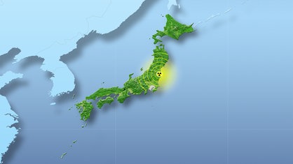 Eine Karte von Japan mit Standort Fukushima und dem Strahlungsradius