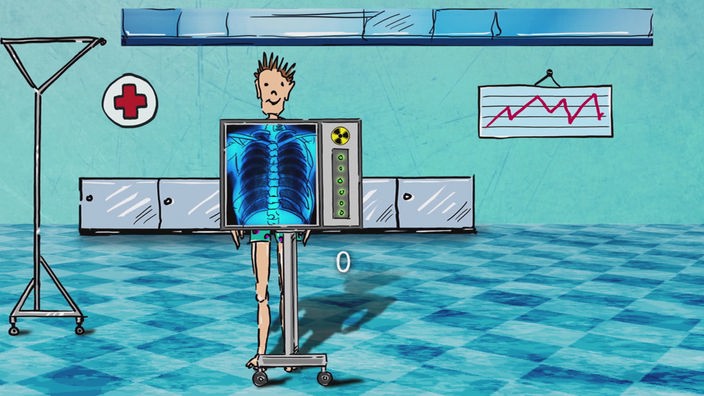 Zeichnung: Ein Mensch steht hinter einem Röntgengerät, auf dessem Bildschirm die Knochen seines Brustkorbs angezeigt werden.