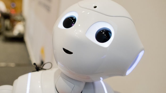 Ein Roboterkopf mit Augen, die eine Mimik simulieren 