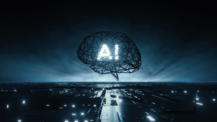 Die Buchstaben AI für Artificial Intelligence leuchten in einem stilisierten Gehirn über einer futuristischen Stadtsilhouette.