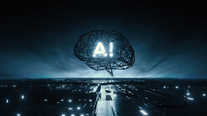 Die Buchstaben AI für Artificial Intelligence leuchten in einem stilisierten Gehirn über einer futuristischen Stadtsilhouette. | Bildquelle: Ddp Die Buchstaben AI für Artificial Intelligence leuchten in einem stilisierten Gehirn über einer futuristischen Stadtsilhouette.