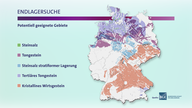 Deutschlandkarte mit den potentiell geeigneten Gebiete für eine Endlagersuche.
