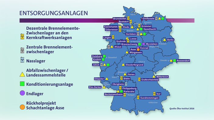 Karte Deutschlands auf der die verschiedenen Zwischenlagerstandorte eingetragen sind.