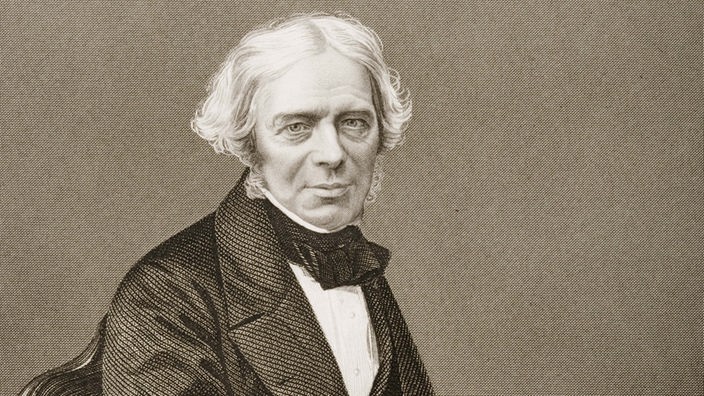 Zeichnung zeigt Michael Faraday in einem Lehnstuhl sitzend und von einem Buch aufschauend.
