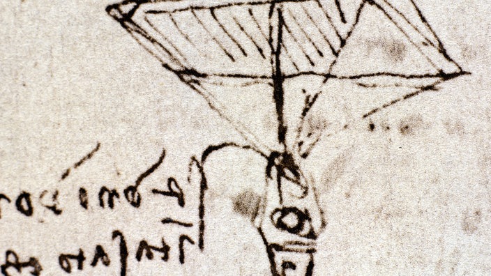 Da Vinci entwarf einen pyramidenförmigen Fallschirm mit einem Holzpüppchen in der Aufhängung. | Bildquelle: Institut für Kulturaustausch Tübingen Da Vinci entwarf einen pyramidenförmigen Fallschirm mit einem Holzpüppchen in der Aufhängung.