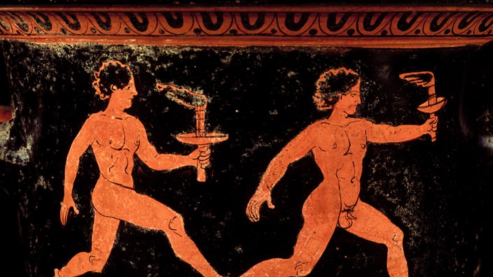 Vasenmalererei aus dem alten Griechenland mit zwei Fackelläufern.