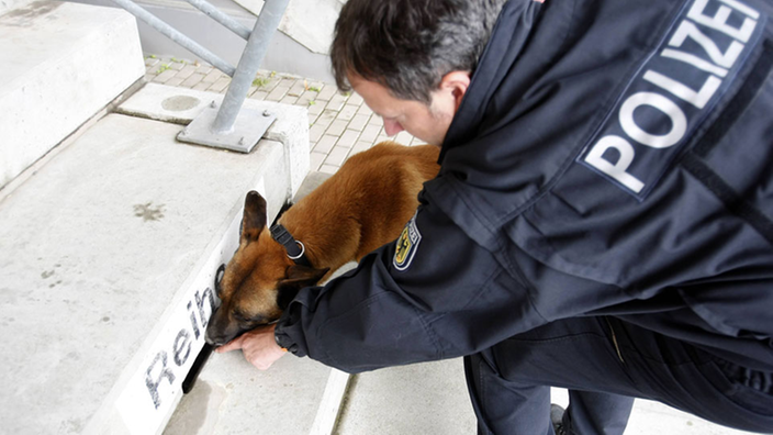 Ein Polizist bildet einen Hund als Spürhund aus