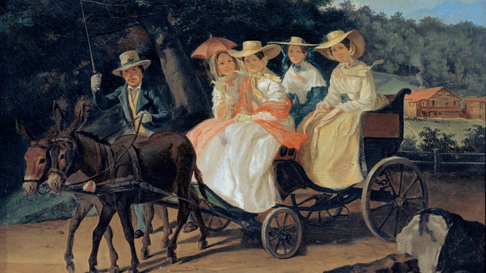 Gemälde: Mehrere adelige Hofdamen auf einer Kutsche