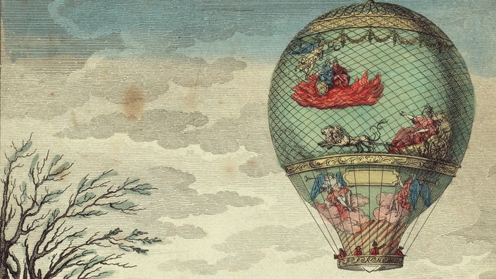 Farbige Zeichnung eines frühen Heißluftballons