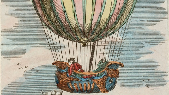 Zeichnung: Ballon mit einer bootförmigen Gondel