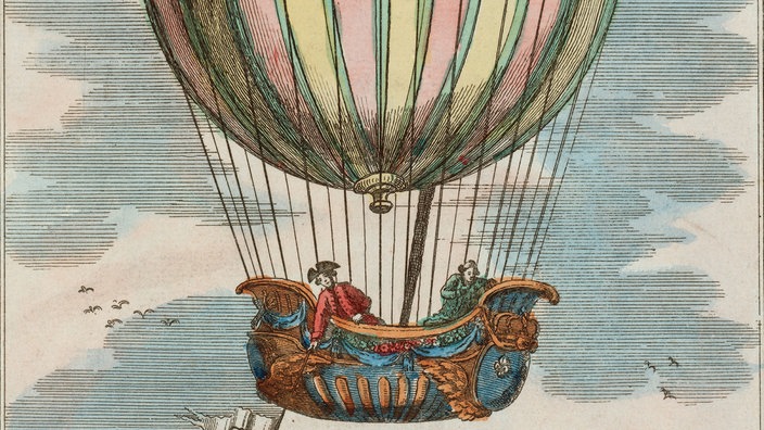 Zeichnung: Ballon mit einer bootförmigen Gondel | Bildquelle: akg Zeichnung: Ballon mit einer bootförmigen Gondel