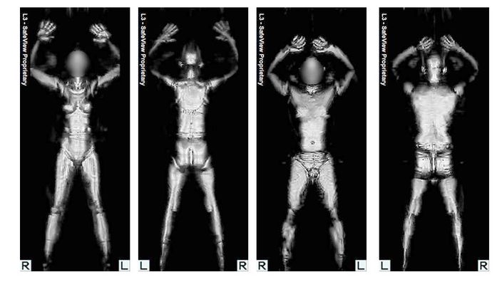 Das Bild zeigt die Darstellung eines Körperscanners, zwei gescannte Menschen ohne Kleidung. Das Bild entstand mithilfe eines Röntgenscanners.