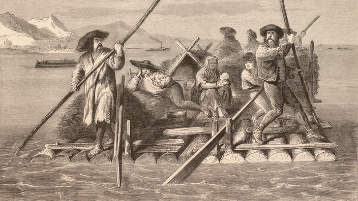 Holzstich um 1885: Floß auf der Donau